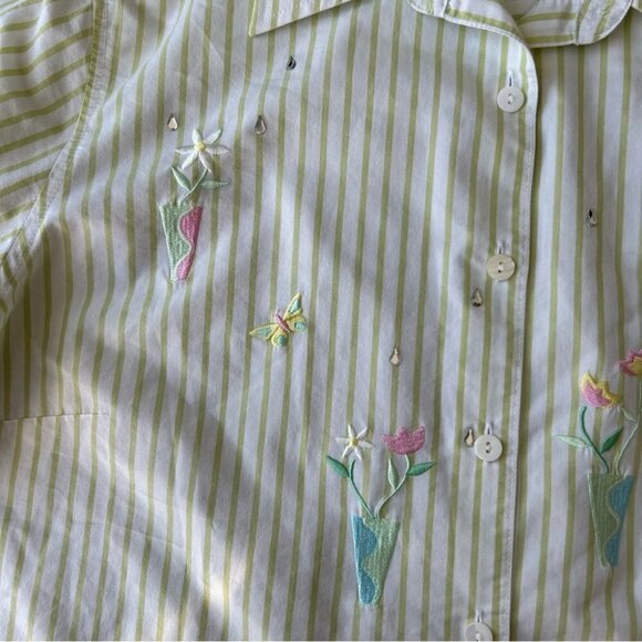 Vintage Tabi Pinstriped Cottagecore Floral Embroidered Sequins Button Down Shirt - Picture 9 of 13